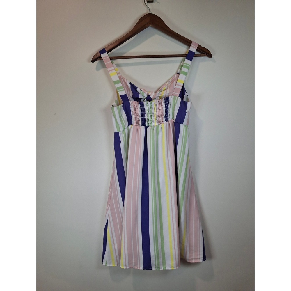 Peach Love California Striped Tie Front Smocked Mini Dress Multicolor Small - Picture 2 of 5